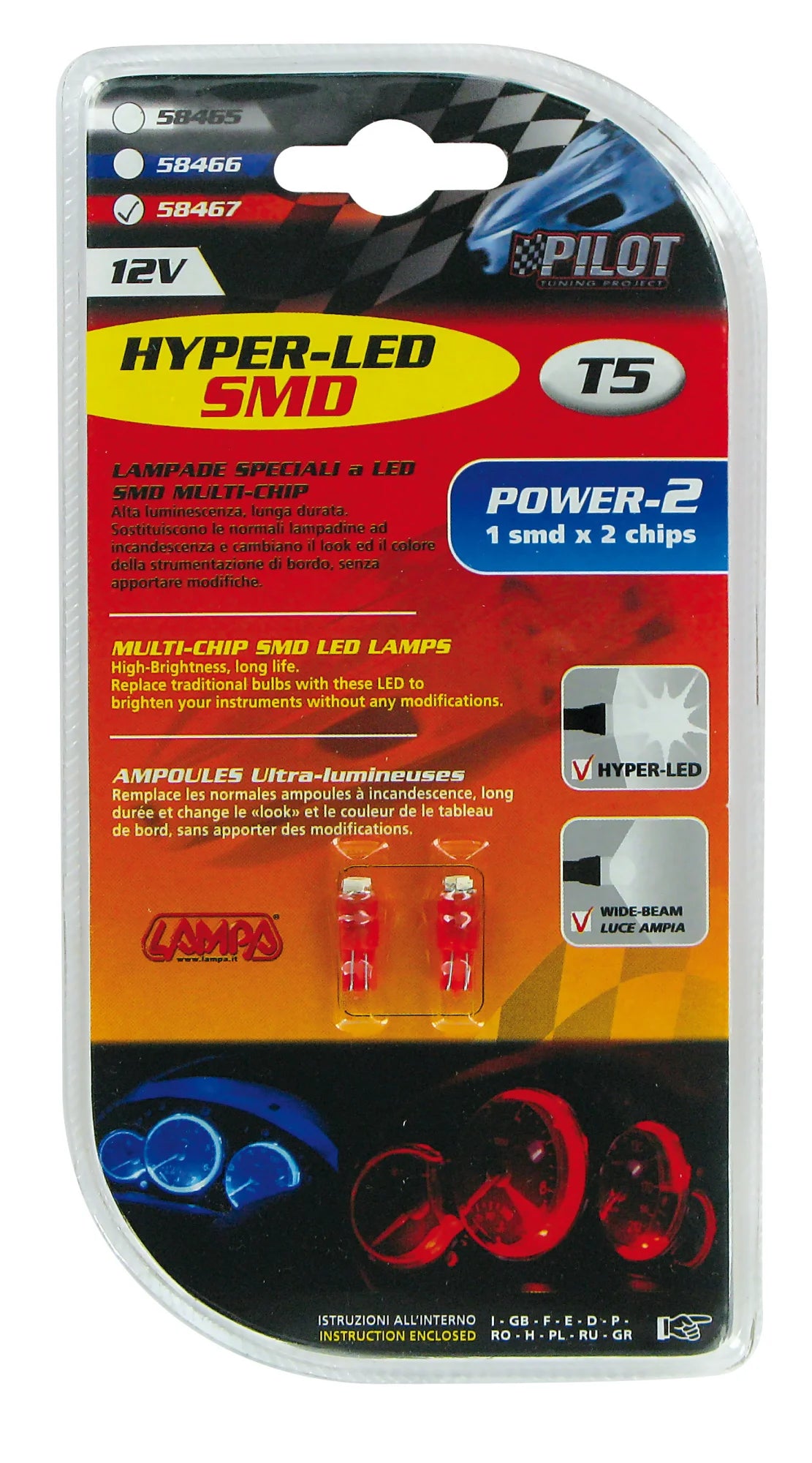 12V Hyper-Led 2 - 1 SMD x 2 chips - (T5) - W2x4,6d - 2 pz  - D/Blister - Rosso