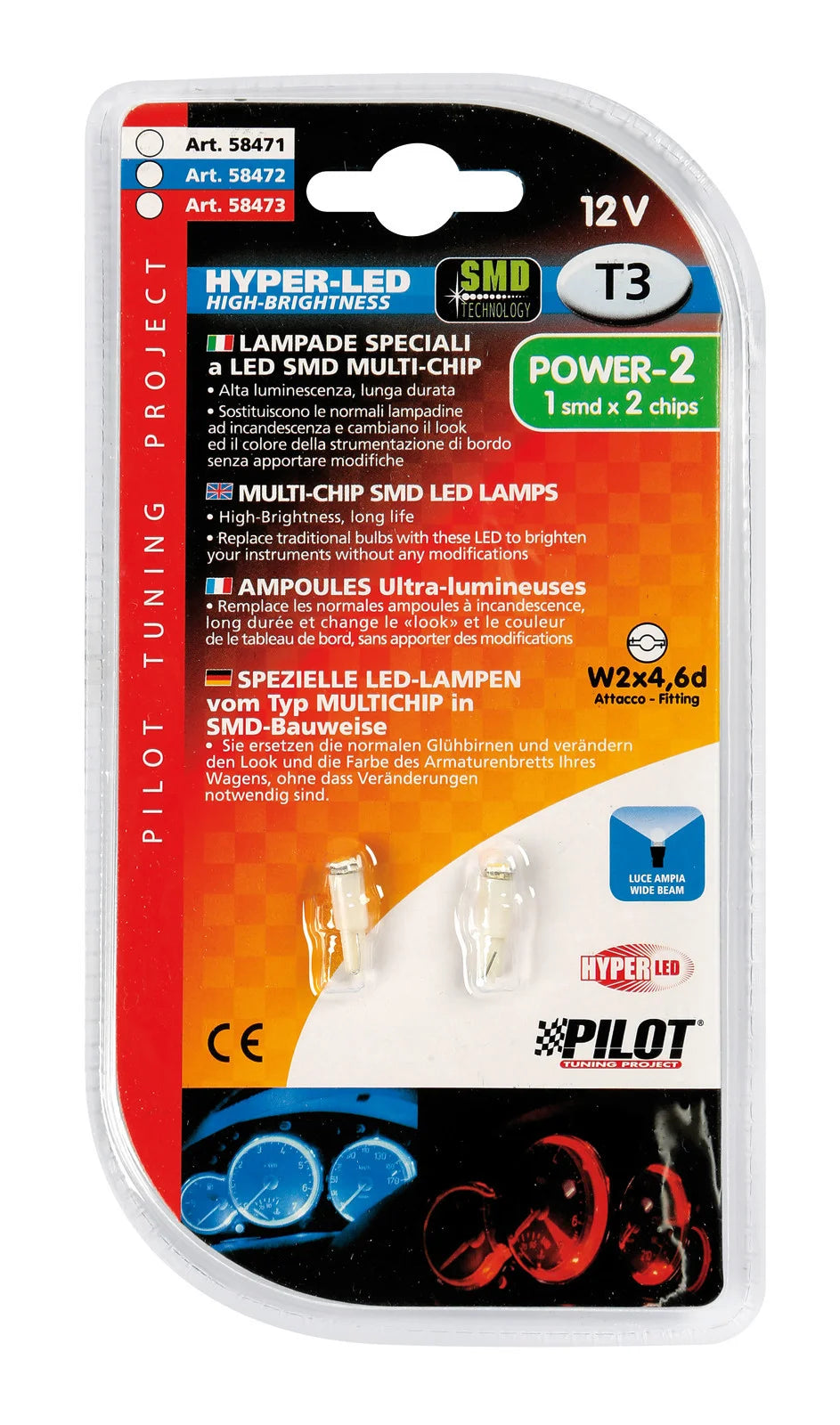 12V Hyper-Led 2 - 1 SMD x 2 chips - (T3) - W2x4,6d - 2 pz  - D/Blister - Blu