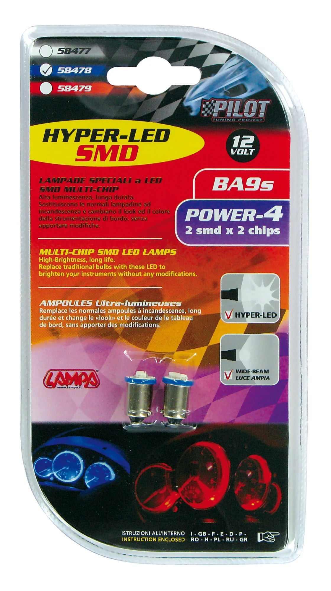 12V Hyper-Led 6 - 2 SMD x 3 chips - BA9s - 2 pz  - D/Blister - Blu