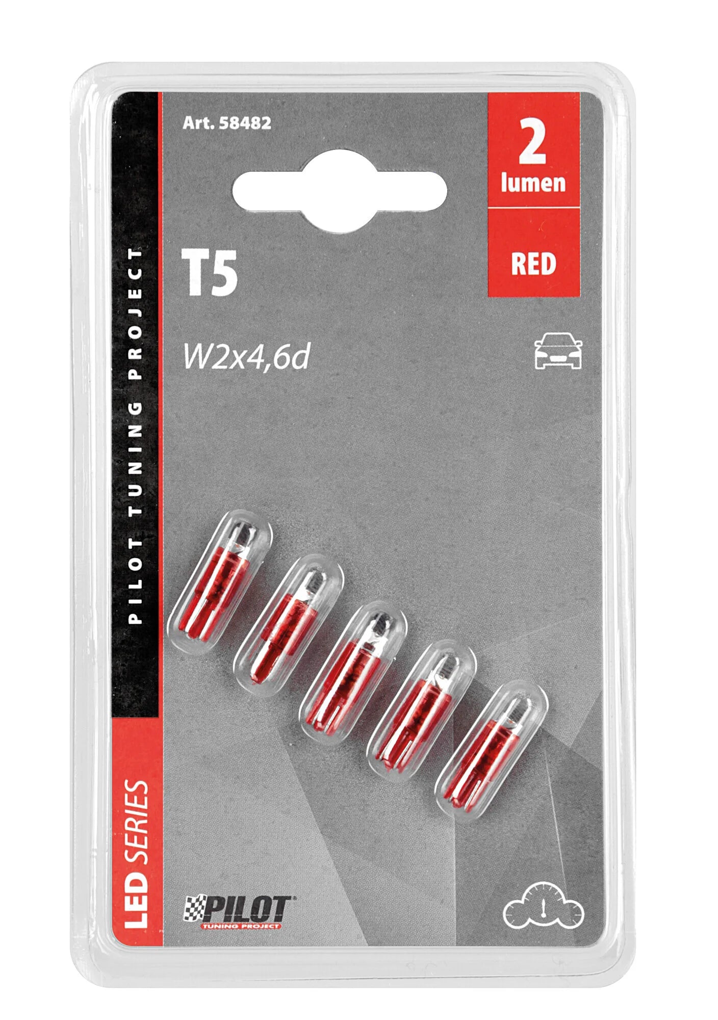 12V Kit Lampade cruscotto 1 Led - (T5) - W2x4,6d - 5 pz  - Scatola - Rosso