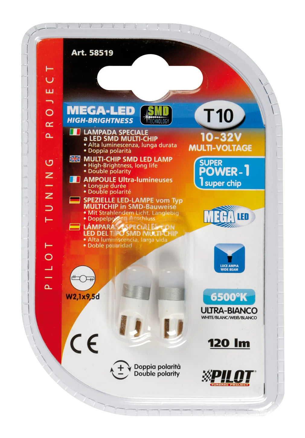 10/32V Led Series 1 SMD x 1 chip - (T10) - W2,1x9,5d - 2 pz  - D/Blister - Bianco - Doppia polarità - Resistenza incorporata