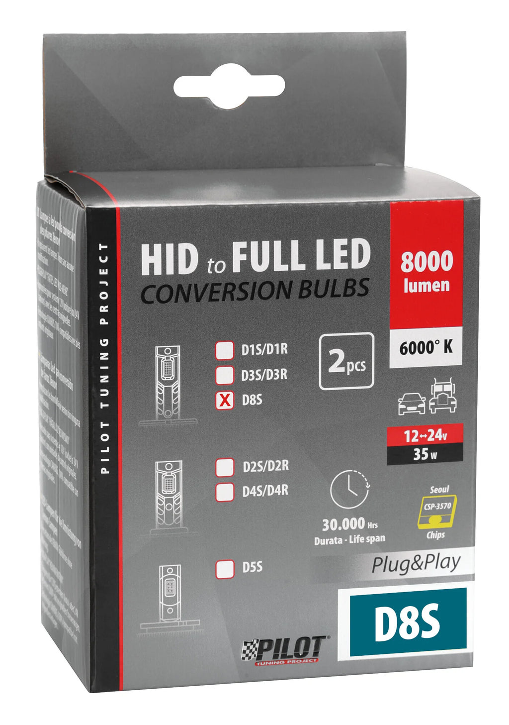 12-24V Lampade a Led per conversione fari Xenon - (D8S) - 35W - 2 pz  - Scatola