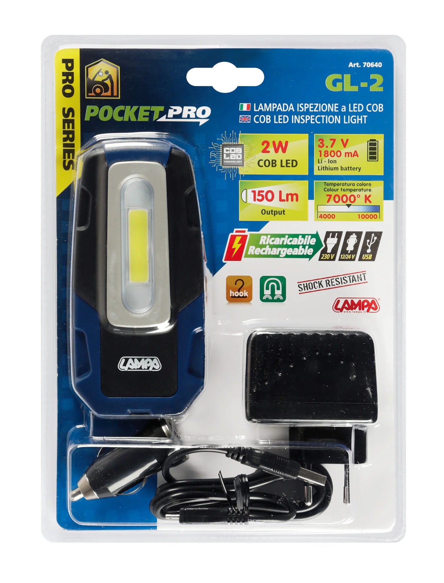 GL-2, lampada ispezione ricaricabile a LED COB - 12/24/230V