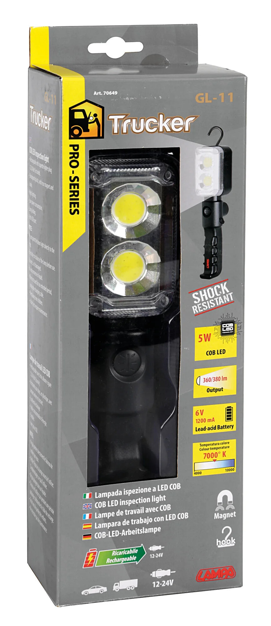 GL-11 Trucker, lampada ispezione ricaricabile a Led Cob - 12/24V