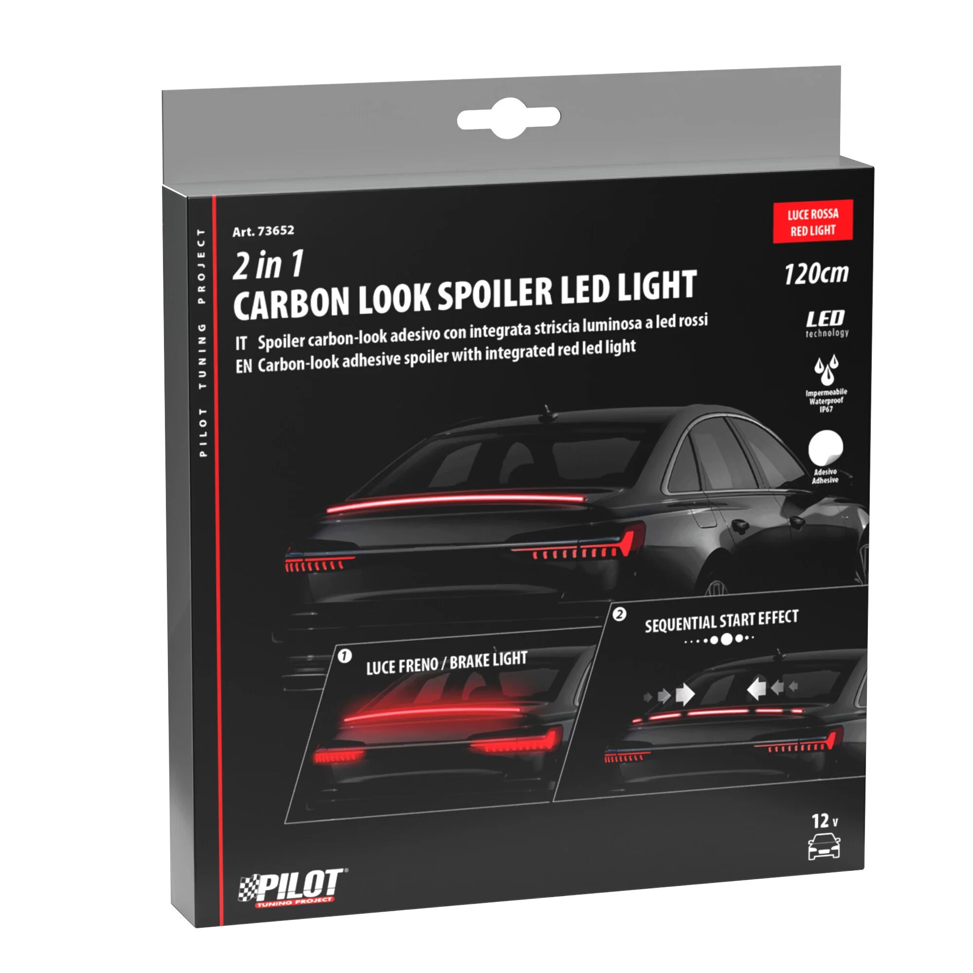 Spoiler carbon-look adesivo con integrata striscia luminosa a led rossi - 120 cm - 12V