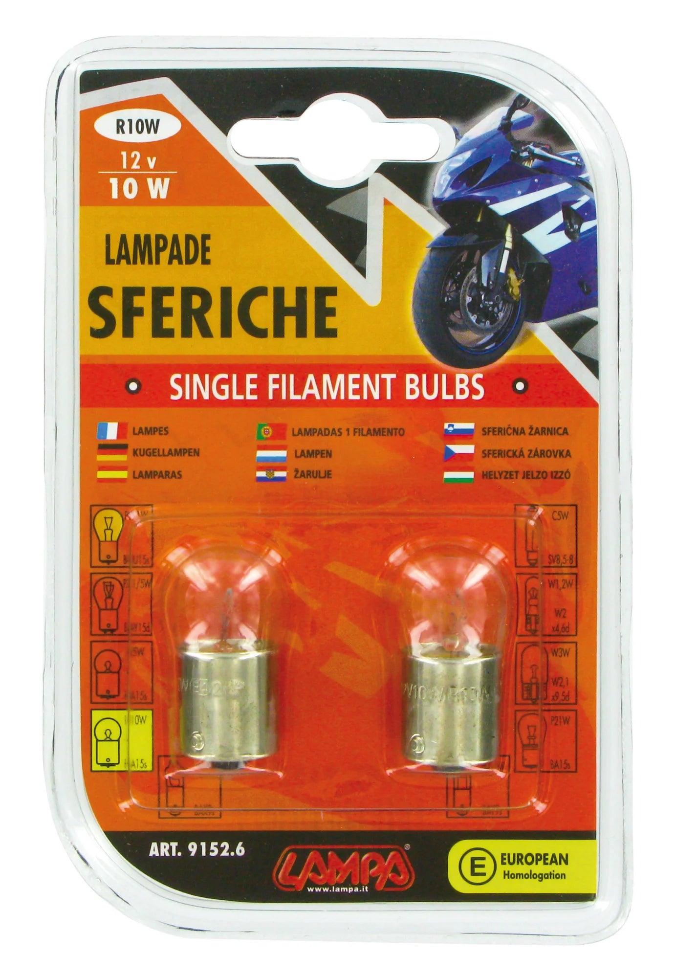 12V Lampada sferica - R10W - 10W - BA15s - 2 pz  - D/Blister