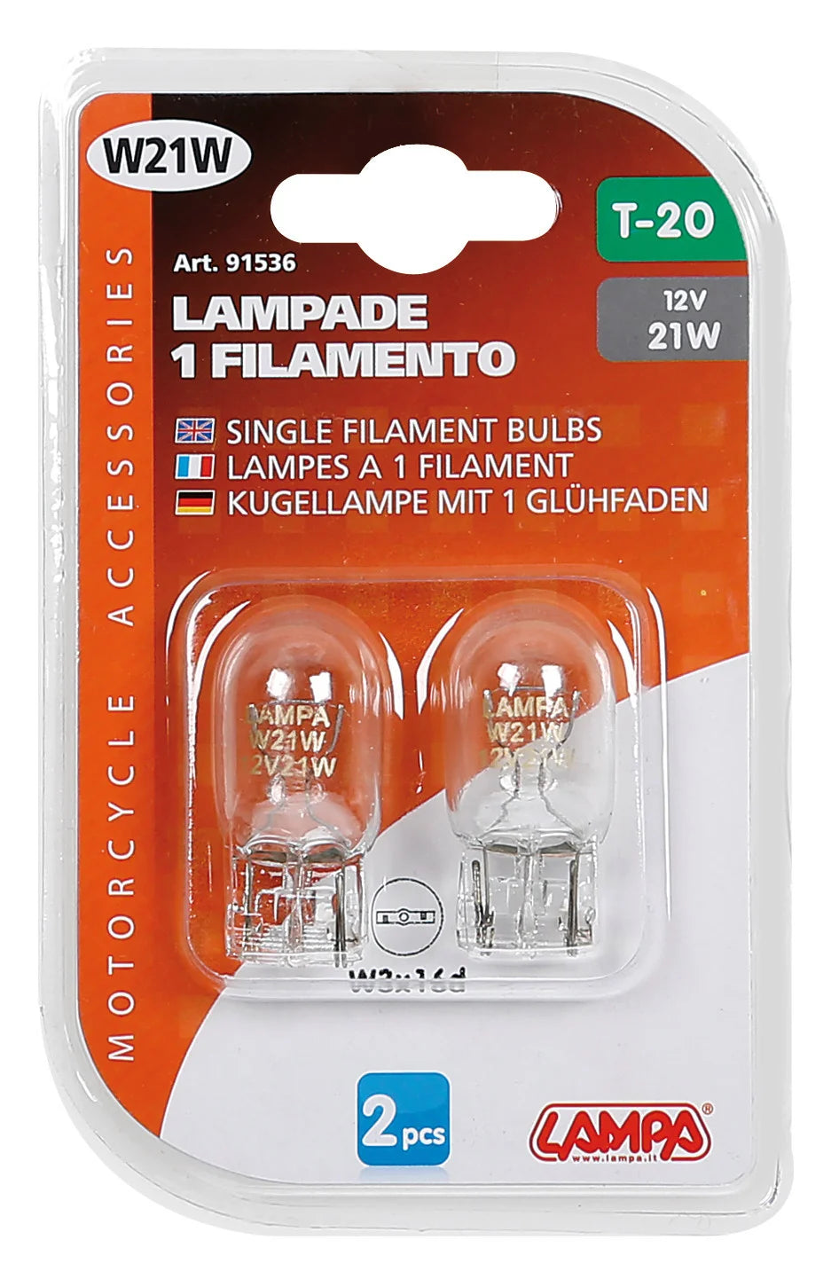 12V Lampada zoccolo vetro - W21W - 21W - W3x16d - 2 pz  - D/Blister