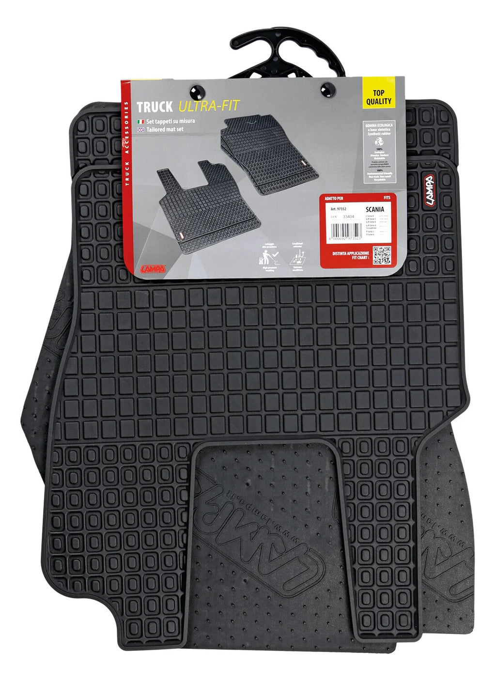 Coppia tappeti su misura in Eco Gomma - compatibile per  Scania G Serie 5 (03/04>08/09) -  Scania G Serie 6 (09/09>08/13) -  Scania G Serie 6 - Streamline (09/13>12/17) -  Scania L Serie 4 (02/95>09/04) -  Scania P Serie 5 (09/04>11/11) -  Scania P Serie