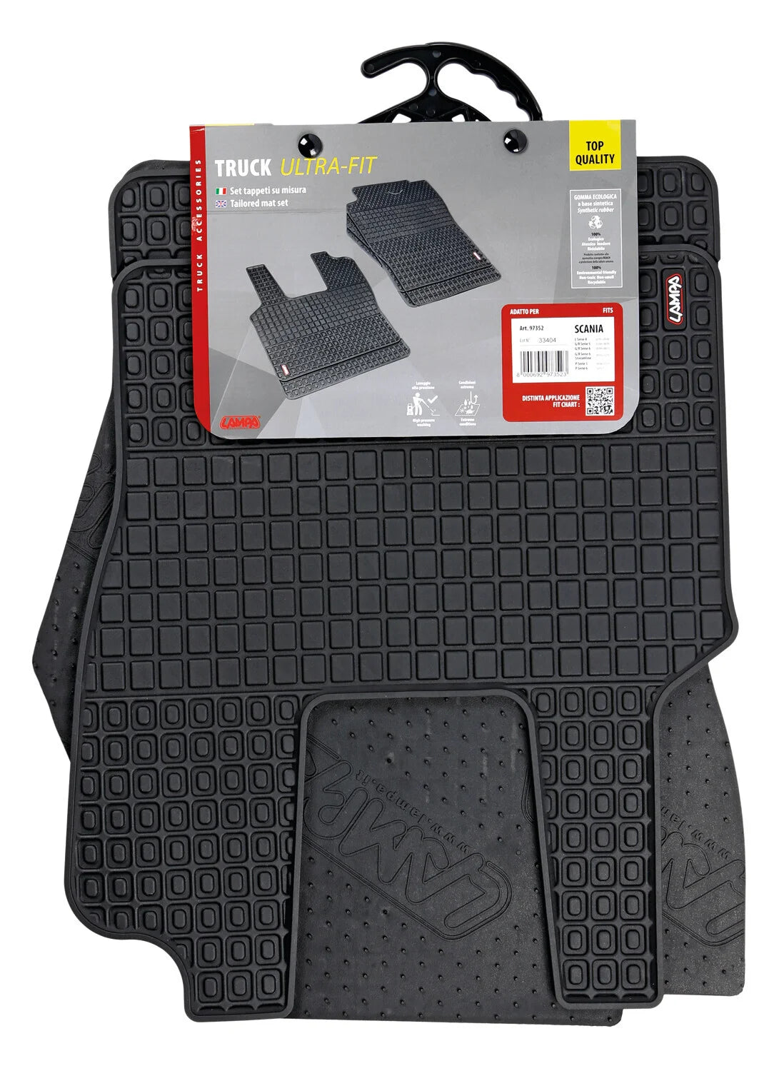 Coppia tappeti su misura in Eco Gomma - compatibile per  Scania G Serie 5 (03/04>08/09) -  Scania G Serie 6 (09/09>08/13) -  Scania G Serie 6 - Streamline (09/13>12/17) -  Scania L Serie 4 (02/95>09/04) -  Scania P Serie 5 (09/04>11/11) -  Scania P Serie