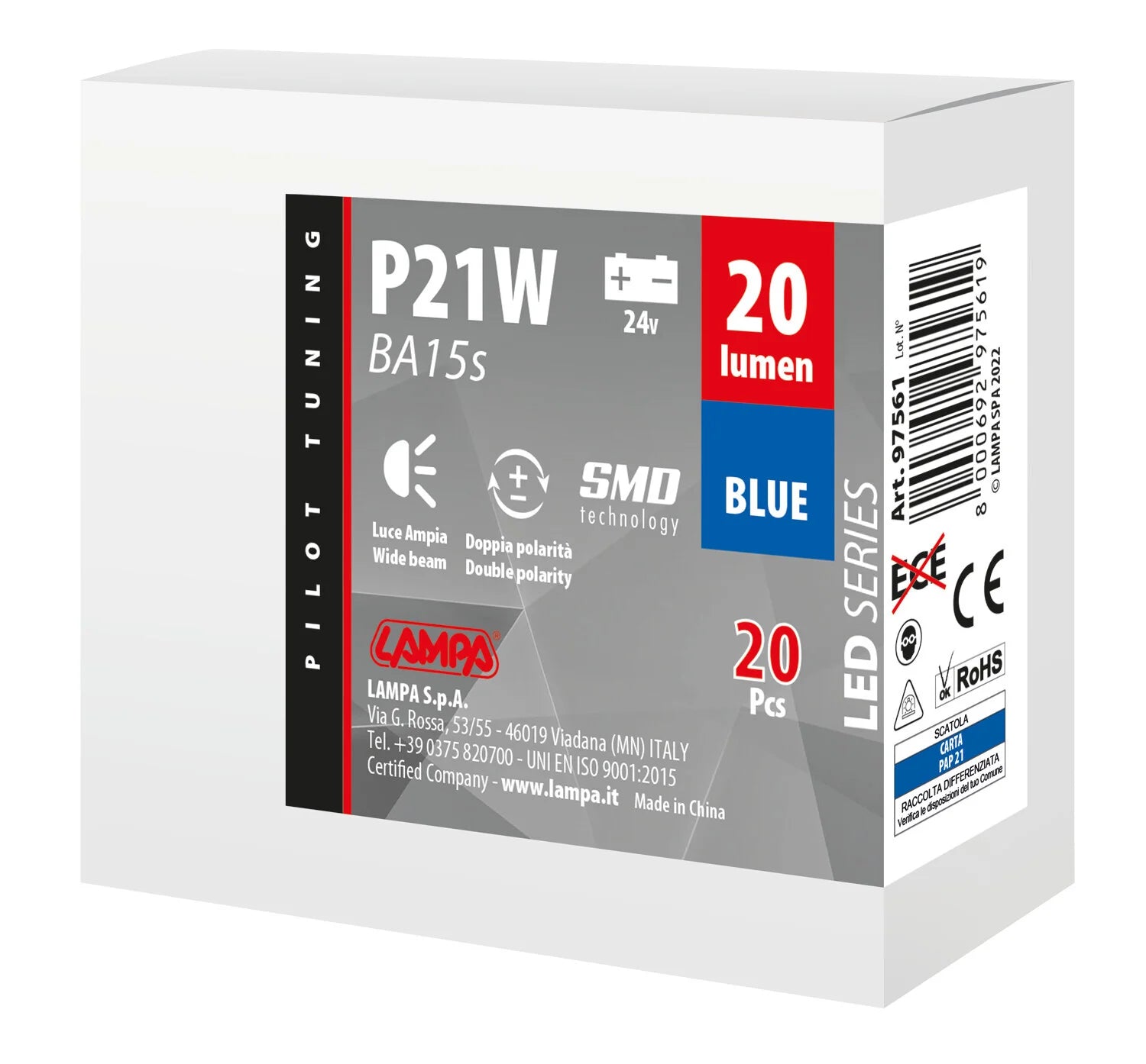 24V Led Series - 4 SMD x 1 chip - (P21W) - BA15s - 20 pz  - Scatola - Blu - Doppia polarità