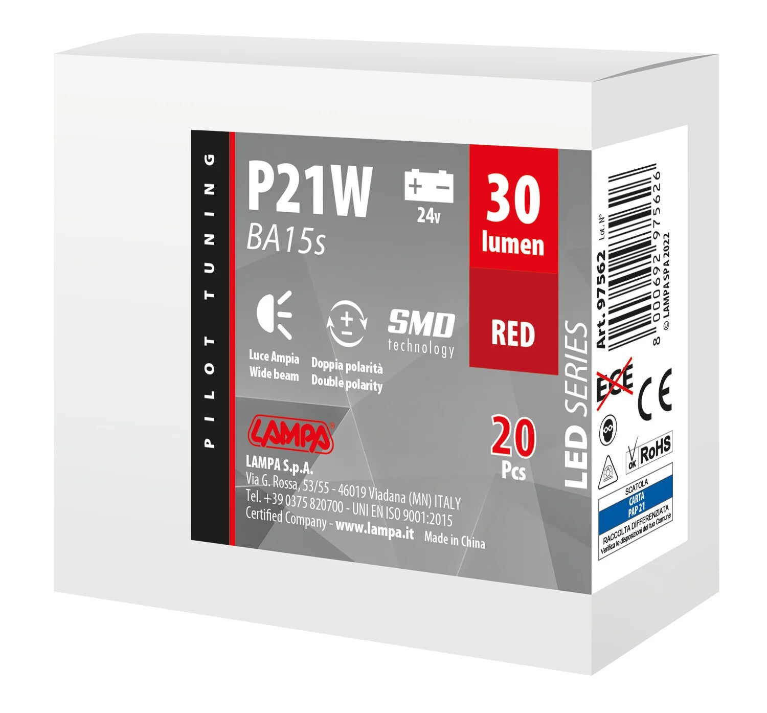 24V Led Series - 4 SMD x 1 chip - (P21W) - BA15s - 20 pz  - Scatola - Rosso - Doppia polarità