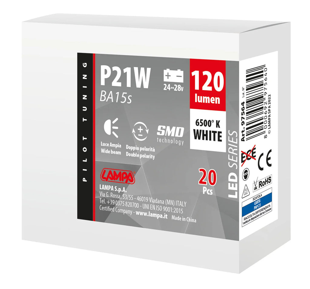 24/28V Led Series - 8 SMD x 1 chip - (P21W) - BA15s - 20 pz  - Scatola - Bianco - Doppia polarità