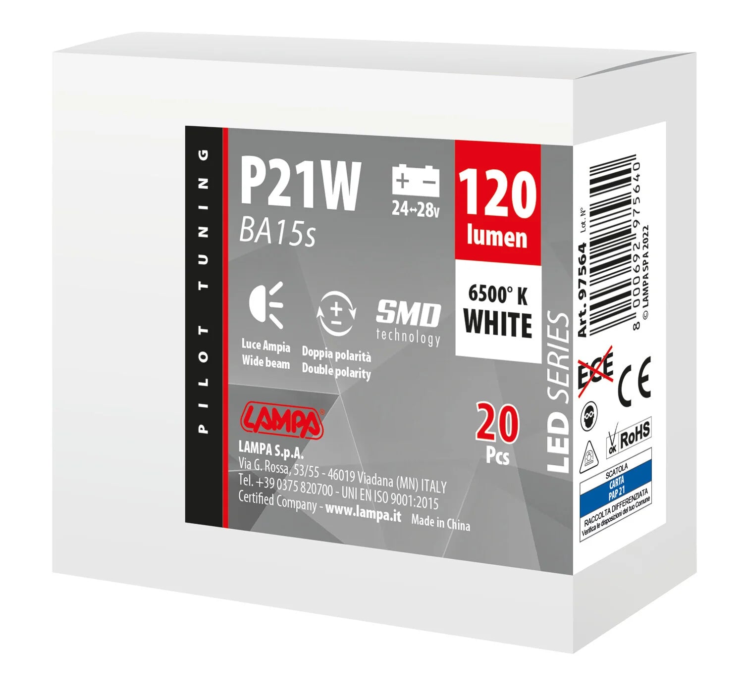 24/28V Led Series - 8 SMD x 1 chip - (P21W) - BA15s - 20 pz  - Scatola - Bianco - Doppia polarità