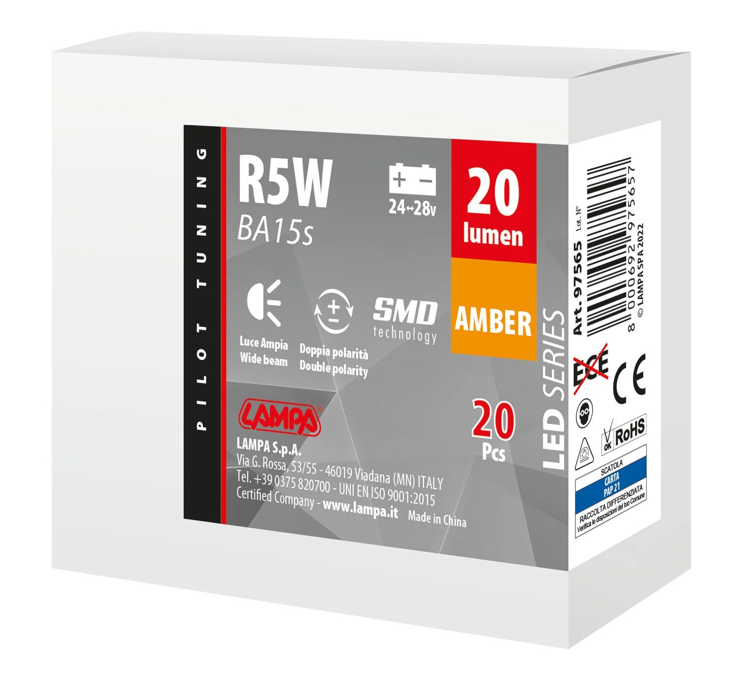 24/28V Led Series - 6 SMD x 1 chip - (R5W) - BA15s - 20 pz  - Scatola - Arancio - Doppia polarità