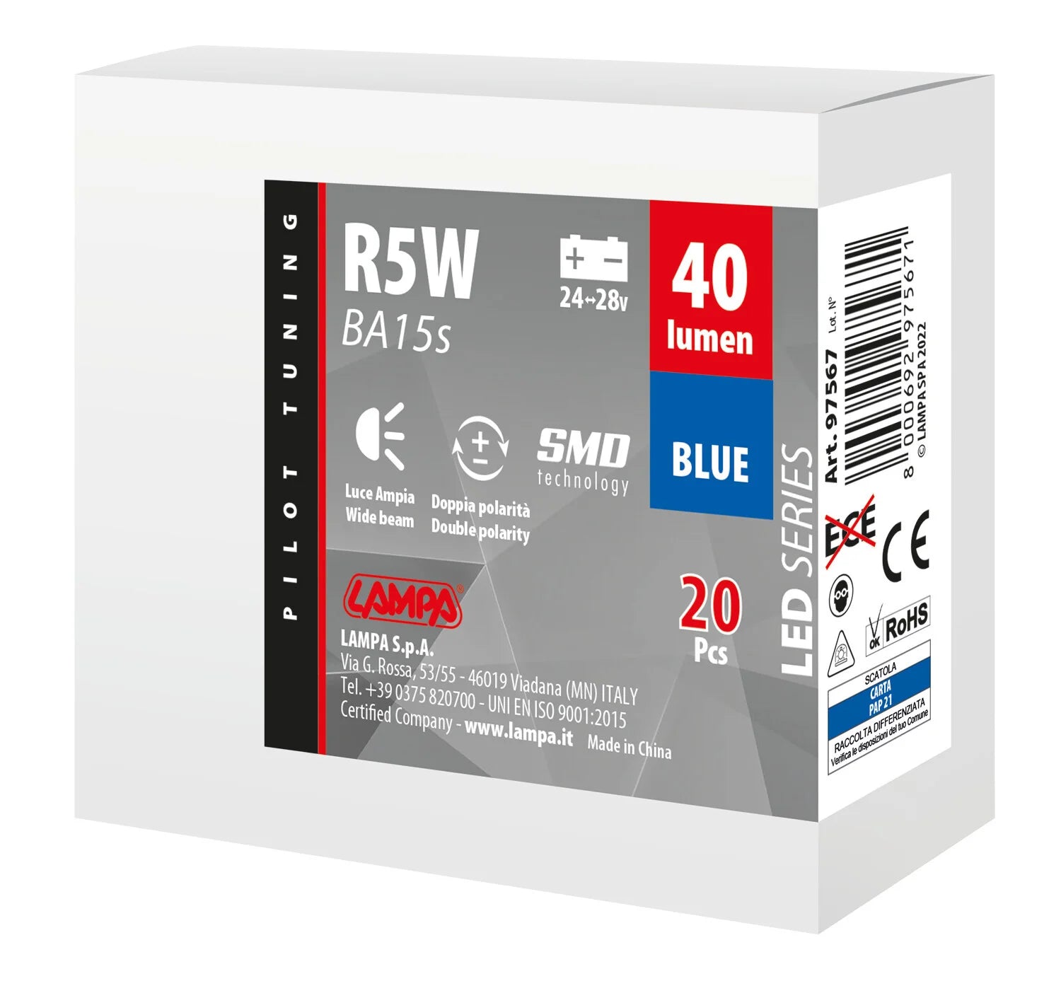 24/28V Led Series - 6 SMD x 1 chip - (R5W) - BA15s - 20 pz  - Scatola - Blu - Doppia polarità