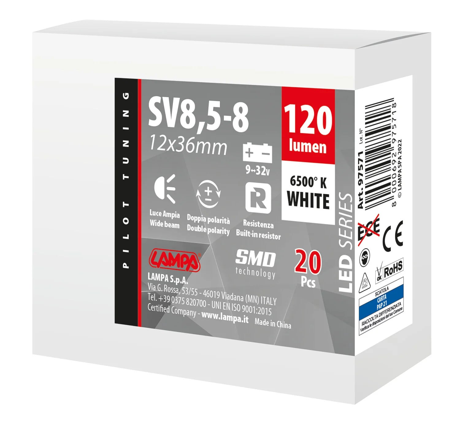 9/32V Led Series 2 SMD x 1 chip - 12x36 mm - SV8,5-8 - 20 pz  - Scatola - Bianco - Doppia polarità - Resistenza incorporata