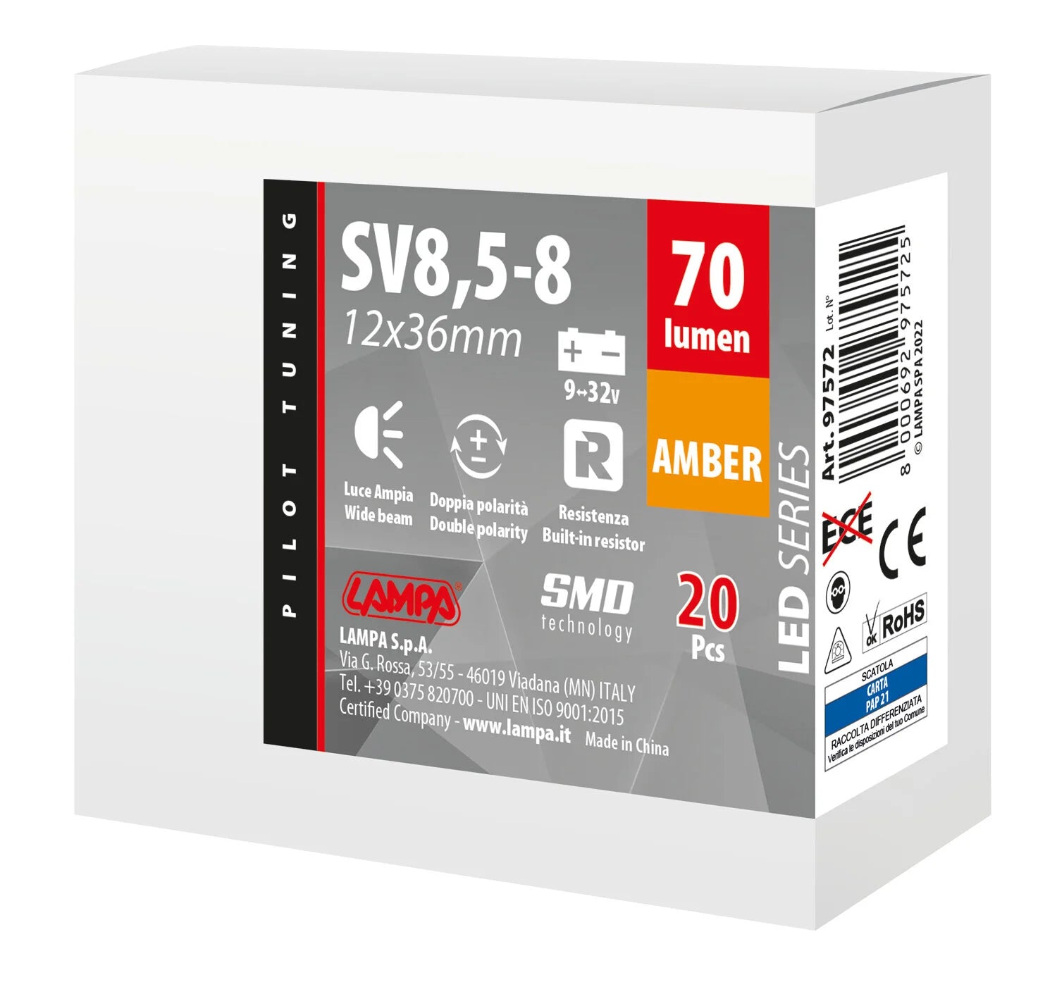 9/32V Led Series 2 SMD x 1 chip - 12x36 mm - SV8,5-8 - 20 pz  - Scatola - Arancio - Doppia polarità - Resistenza incorporata