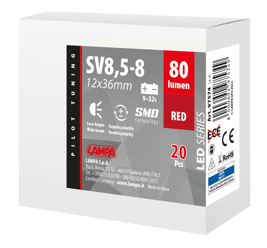 9/32V Led Series 2 SMD x 1 chip - 12x36 mm - SV8,5-8 - 20 pz  - Scatola - Rosso - Doppia polarità - Resistenza incorporata