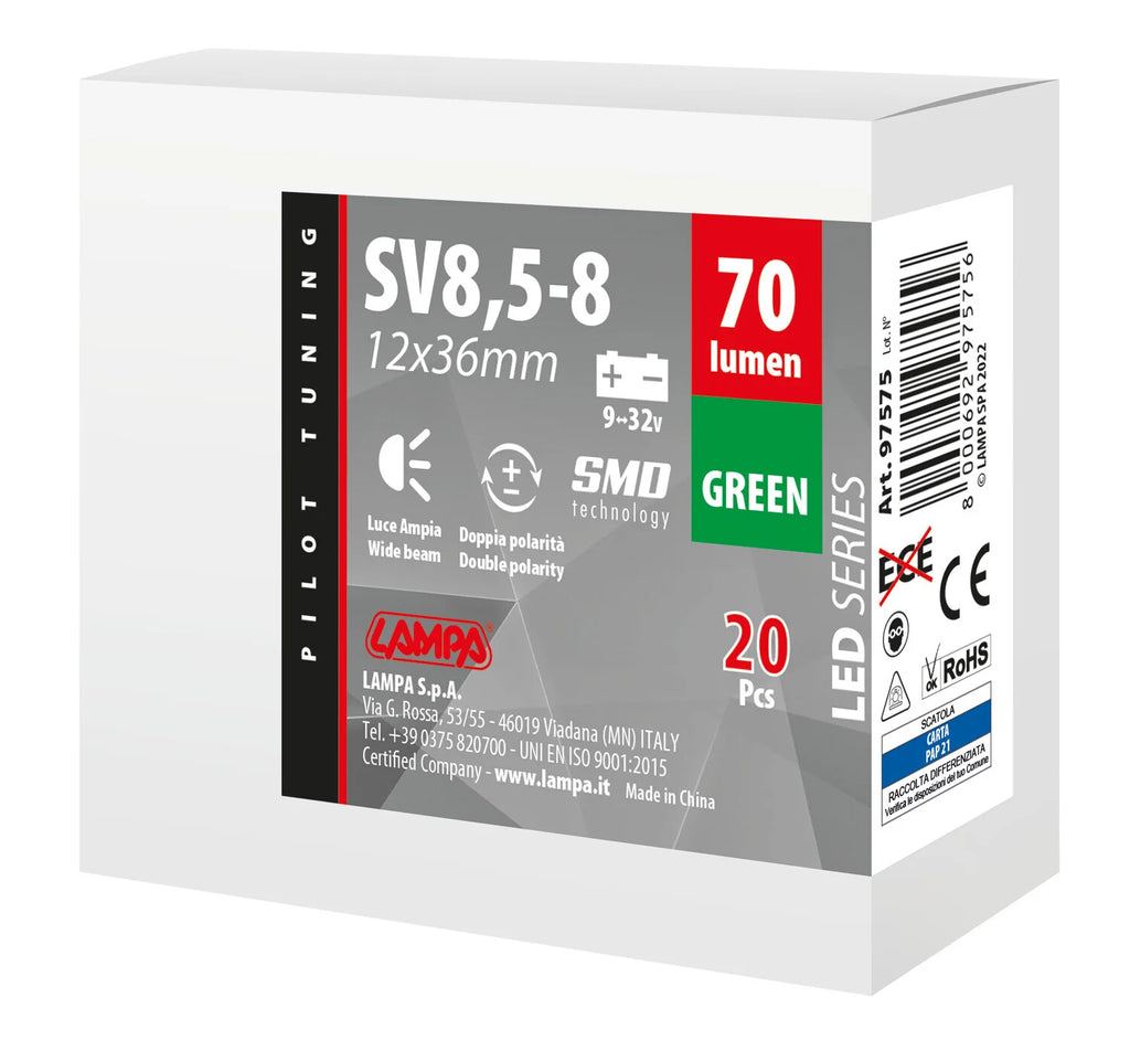 9/32V Led Series 2 SMD x 1 chip - 12x36 mm - SV8,5-8 - 20 pz  - Scatola - Verde - Doppia polarità - Resistenza incorporata