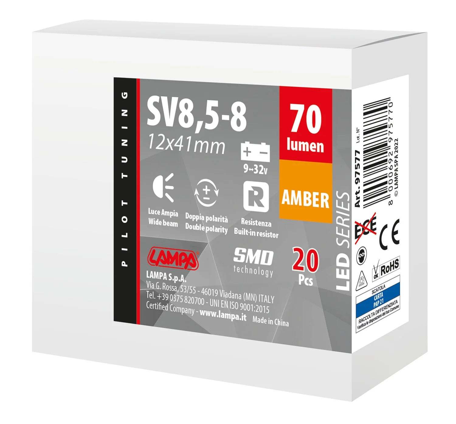 9/32V Led Series 2 SMD x 1 chip - 12x41 mm - SV8,5-8 - 20 pz  - Scatola - Arancio - Doppia polarità - Resistenza incorporata