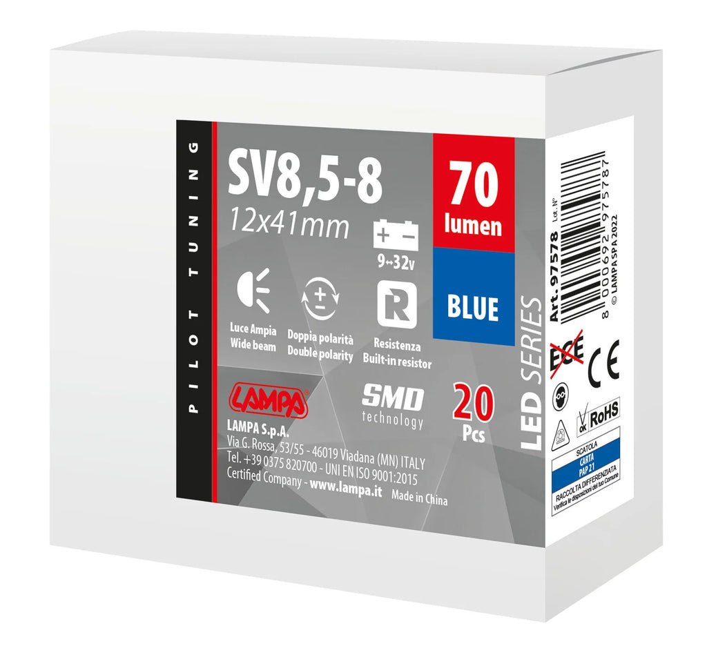 9/32V Led Series 2 SMD x 1 chip - 12x41 mm - SV8,5-8 - 20 pz  - Scatola - Blu - Doppia polarità - Resistenza incorporata