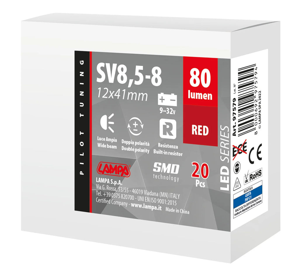 9/32V Led Series 2 SMD x 1 chip - 12x41 mm - SV8,5-8 - 20 pz  - Scatola - Rosso - Doppia polarità - Resistenza incorporata