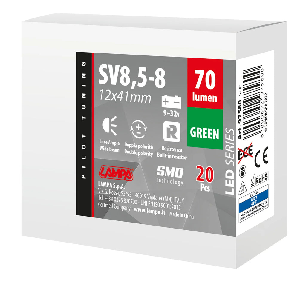 9/32V Led Series 2 SMD x 1 chip - 12x41 mm - SV8,5-8 - 20 pz  - Scatola - Verde - Doppia polarità - Resistenza incorporata