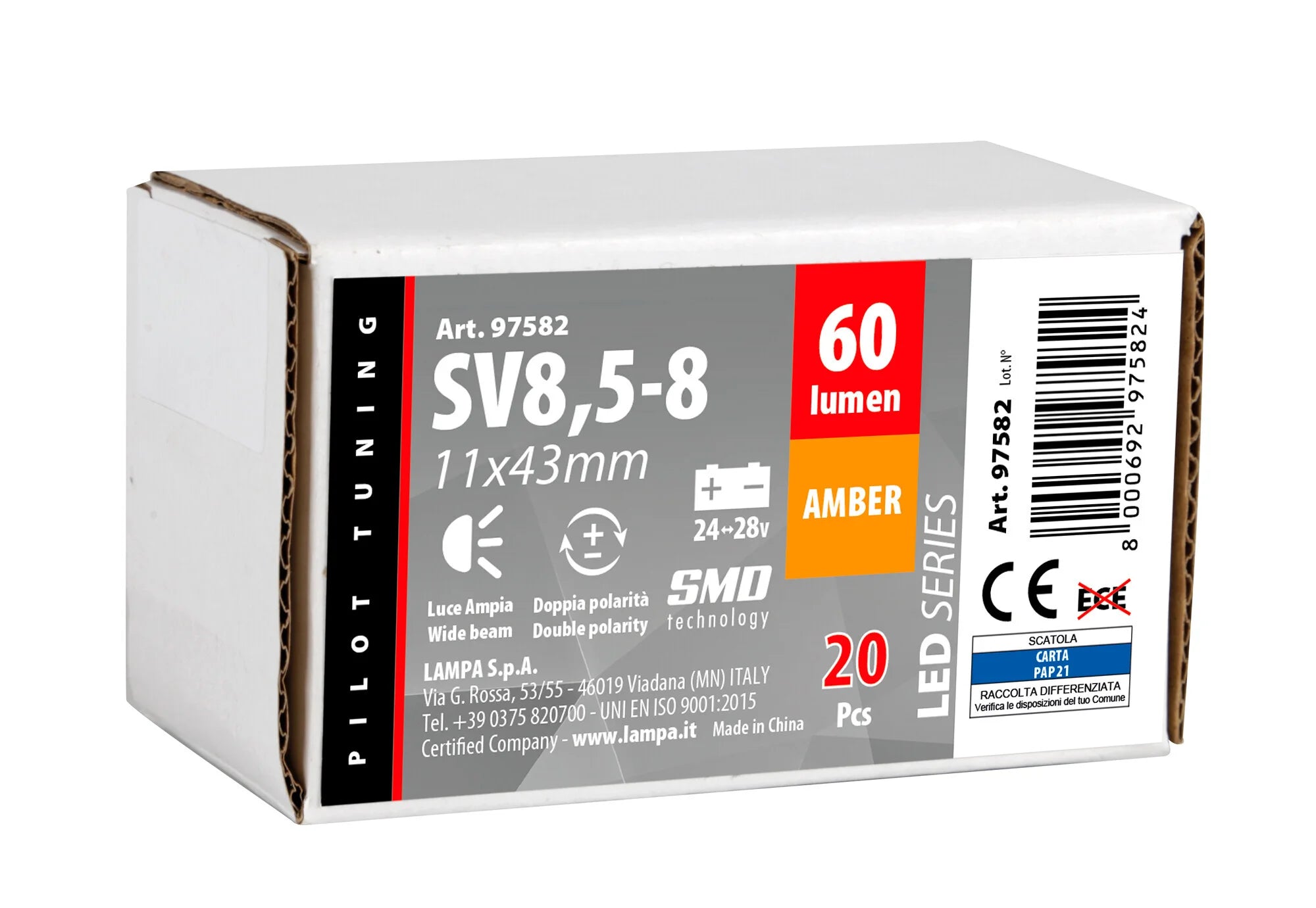 24/28V Led Series - 12 Led SMD - 11x43 mm - SV8,5-8 - 20 pz  - Scatola - Arancio - Doppia polarità