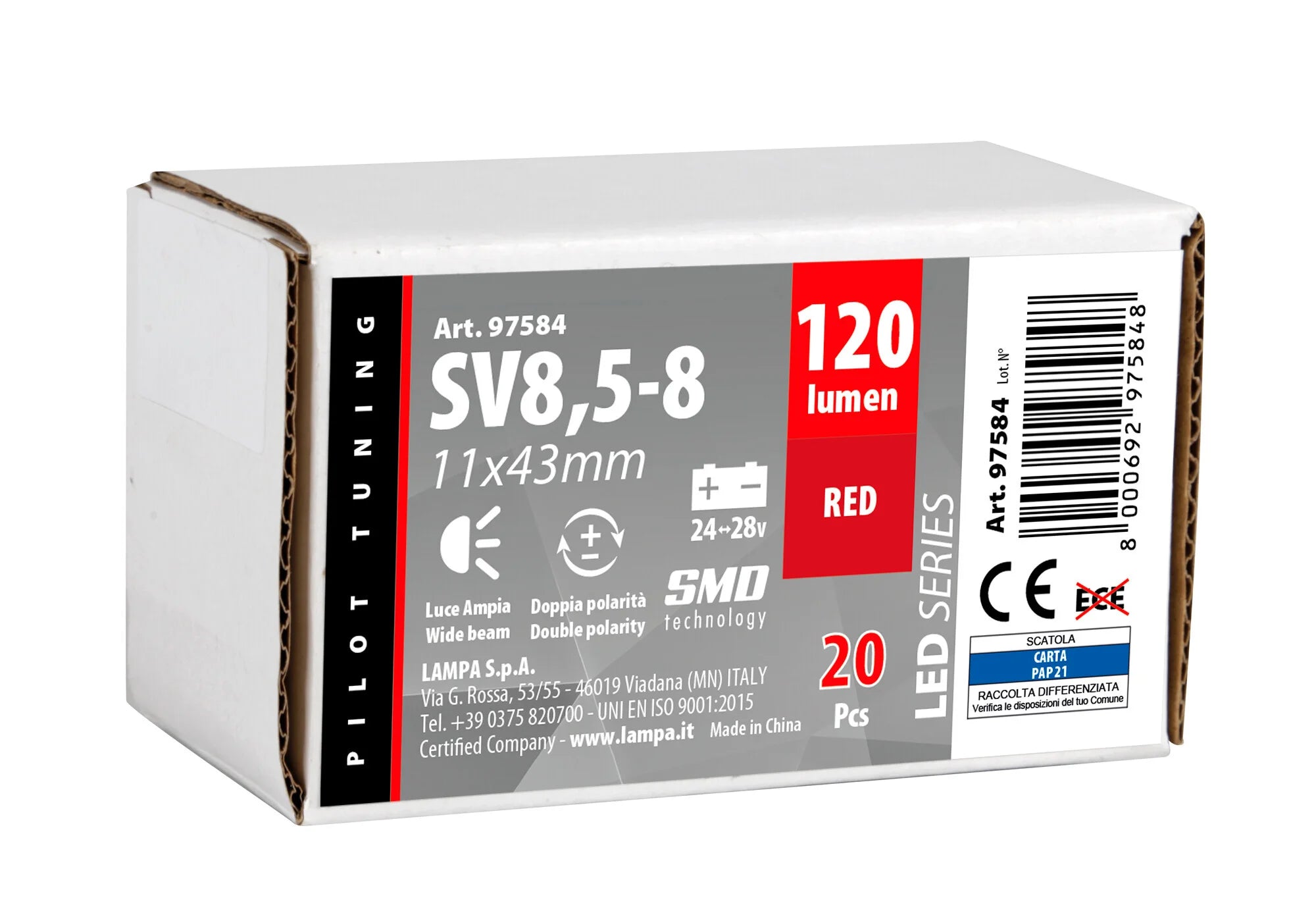 24/28V Led Series - 12 Led SMD - 11x43 mm - SV8,5-8 - 20 pz  - Scatola - Rosso - Doppia polarità