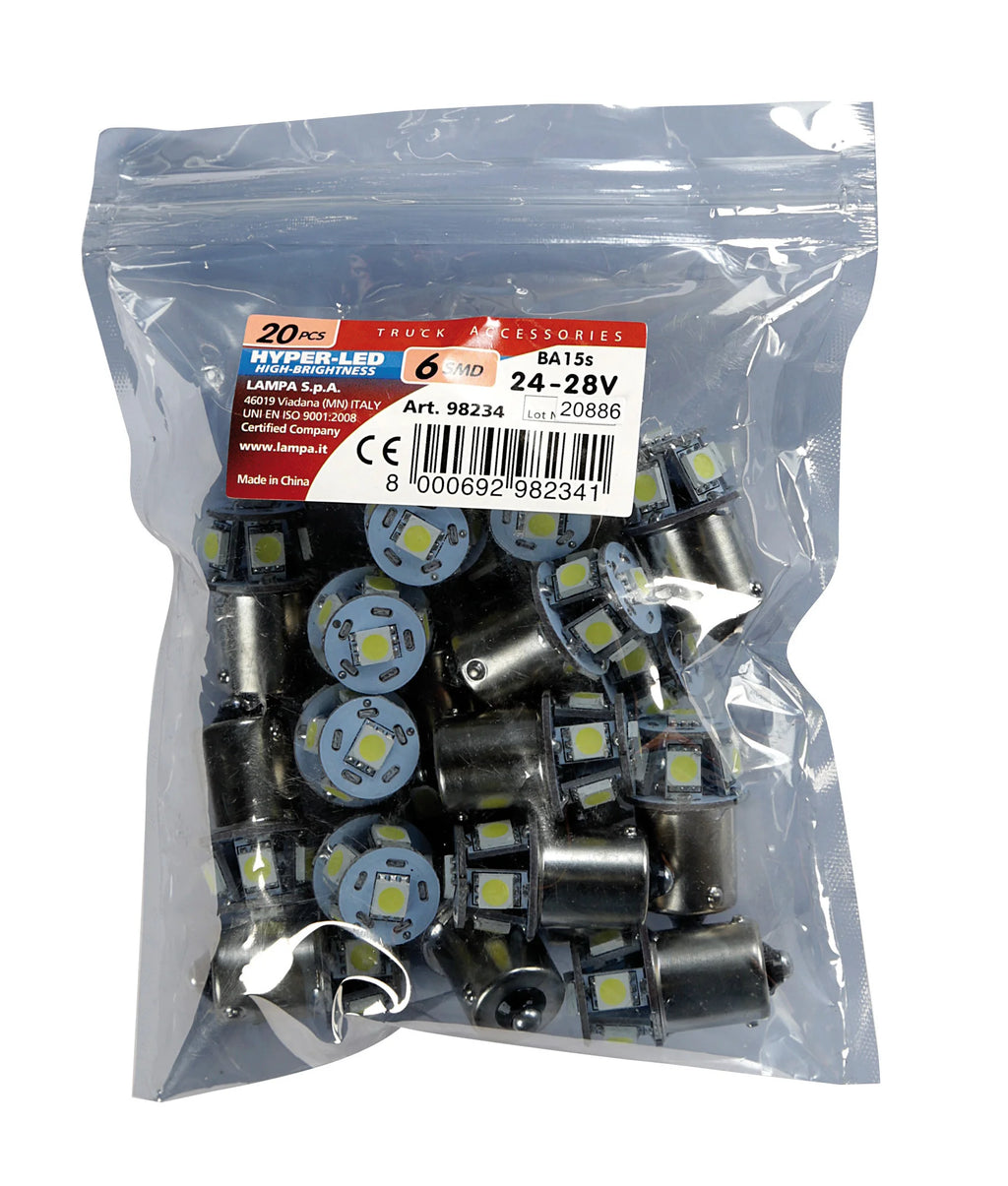 24/28V Led Series - 6 SMD x 3 chips - (R5W-R10W) - BA15s - 20 pz  - Busta - Bianco - Doppia polarità