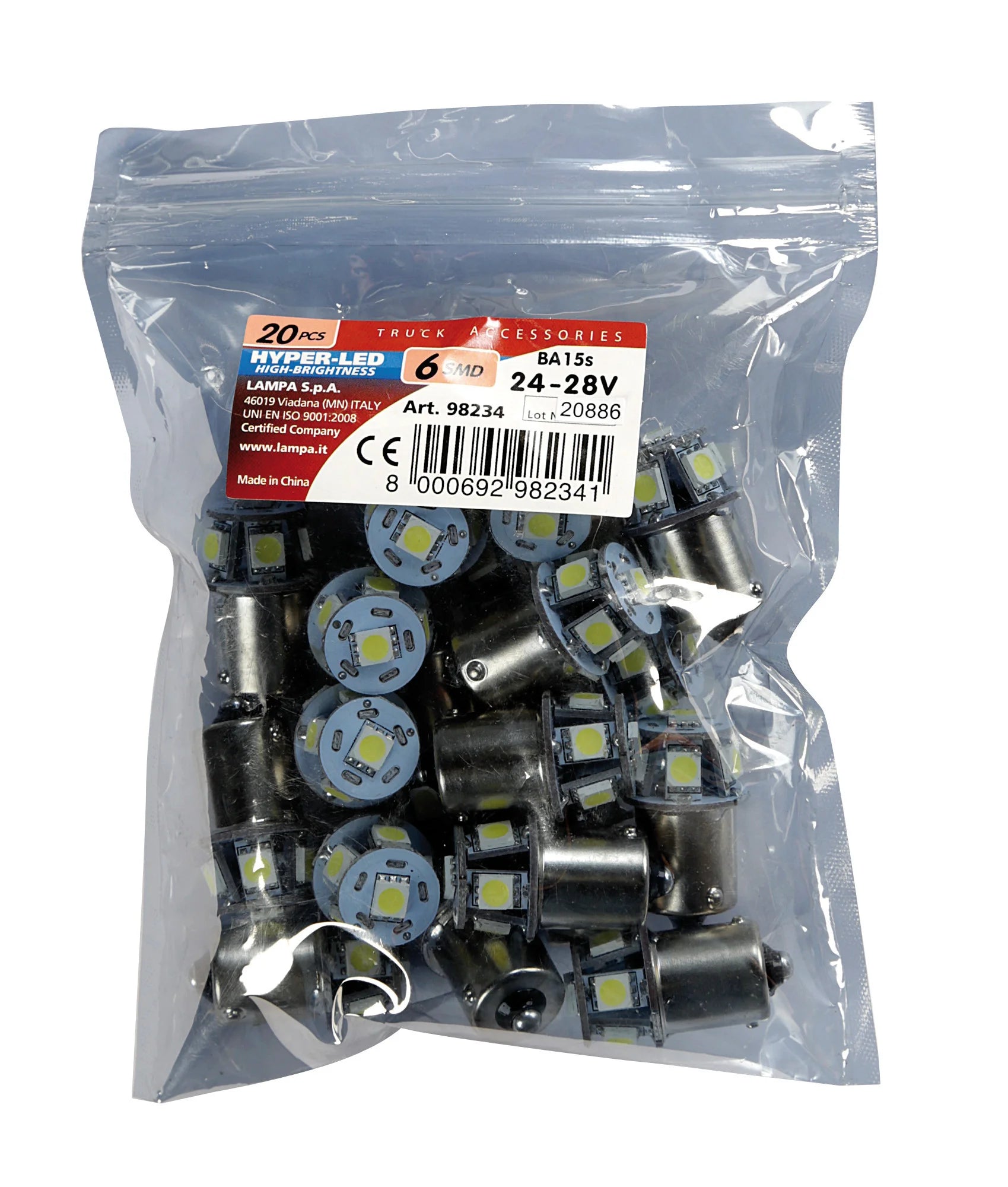 24/28V Led Series - 6 SMD x 3 chips - (R5W-R10W) - BA15s - 20 pz  - Busta - Bianco - Doppia polarità