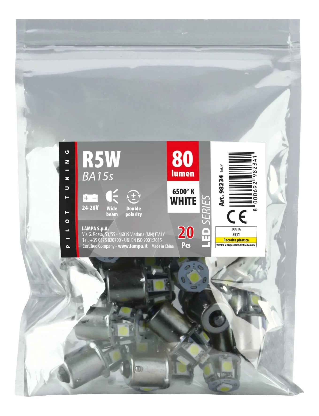 24/28V Led Series - 6 SMD x 3 chips - (R5W-R10W) - BA15s - 20 pz  - Busta - Bianco - Doppia polarità