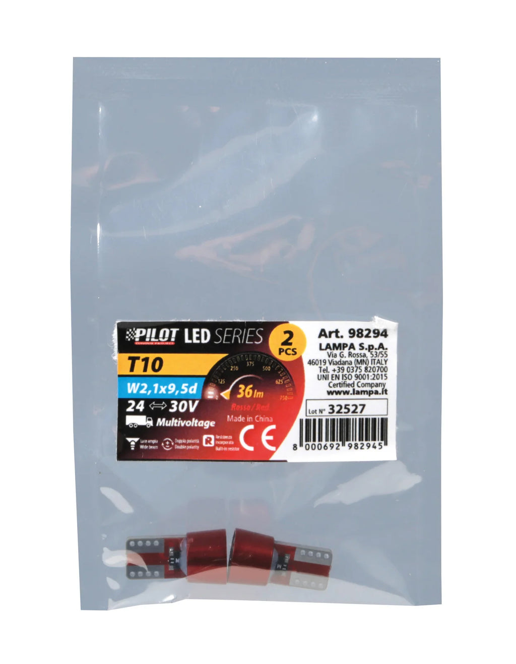 24/30V Led series - 6 Led SMD - (T10) - W2,1x9,5d - 2 pz  - Scatola - Rosso - Doppia polarità - Resistenza incorporata