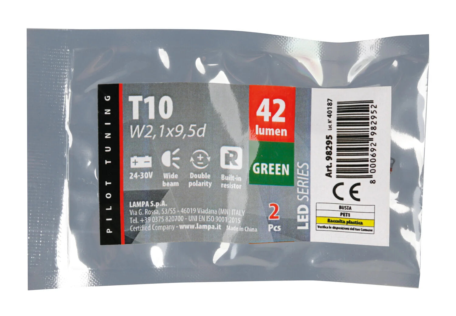 24/30V Led series - 6 Led SMD - (T10) - W2,1x9,5d - 2 pz  - Busta - Verde - Doppia polarità - Resistenza incorporata