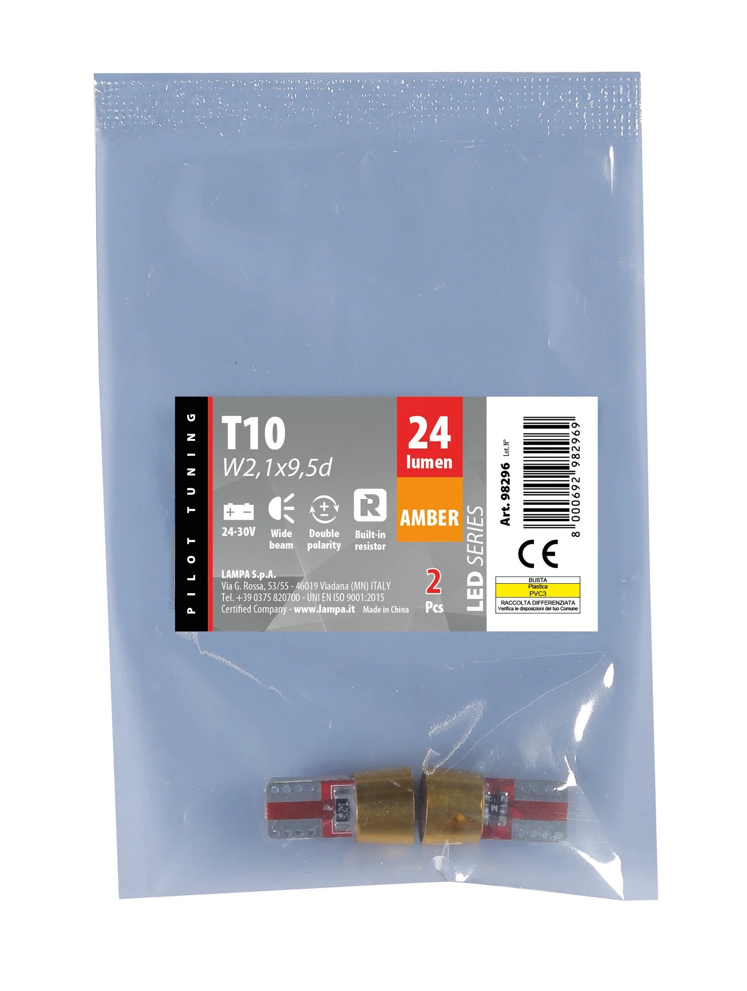 24/30V Led series - 6 Led SMD - (T10) - W2,1x9,5d - 2 pz  - Busta - Arancio - Doppia polarità - Resistenza incorporata