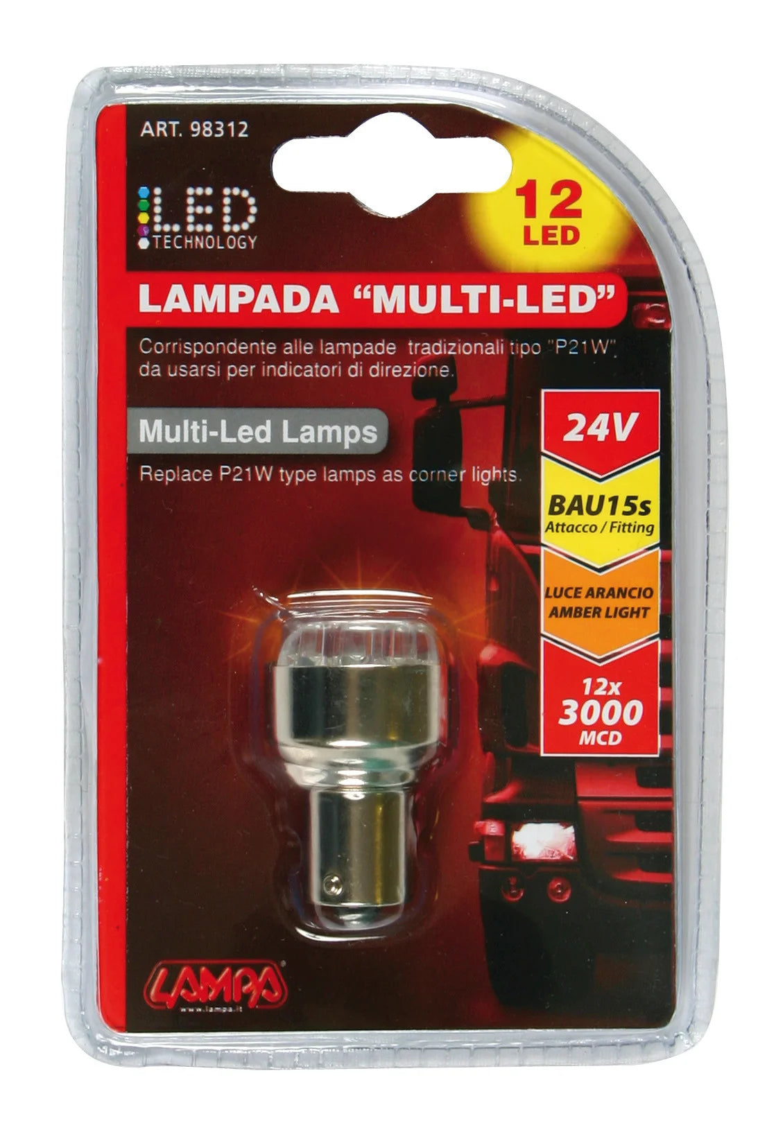 24V Lampada Multi-Led 12 Led - (PY21W) - BAU15s - 1 pz  - D/Blister - Arancio