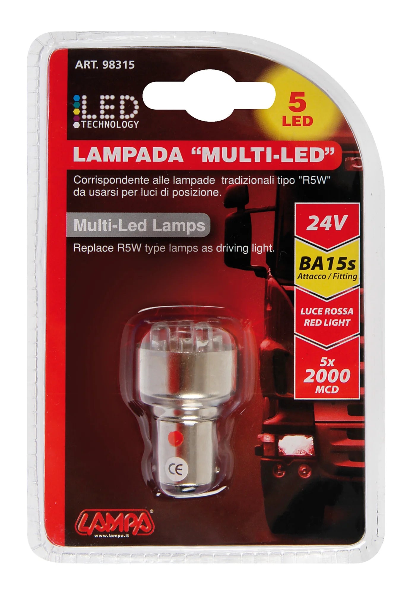 24V Lampada Multi-Led 5 Led - (R10W) - BA15s - 1 pz  - D/Blister - Rosso