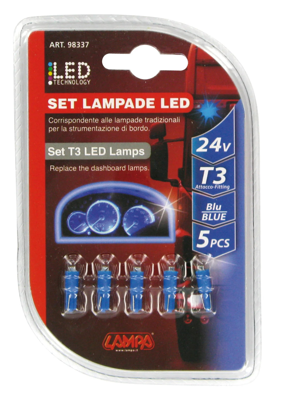 24V Kit Lampade cruscotto Led 1 Led - (T3) - W2x4,6d - 5 pz  - D/Blister - Blu