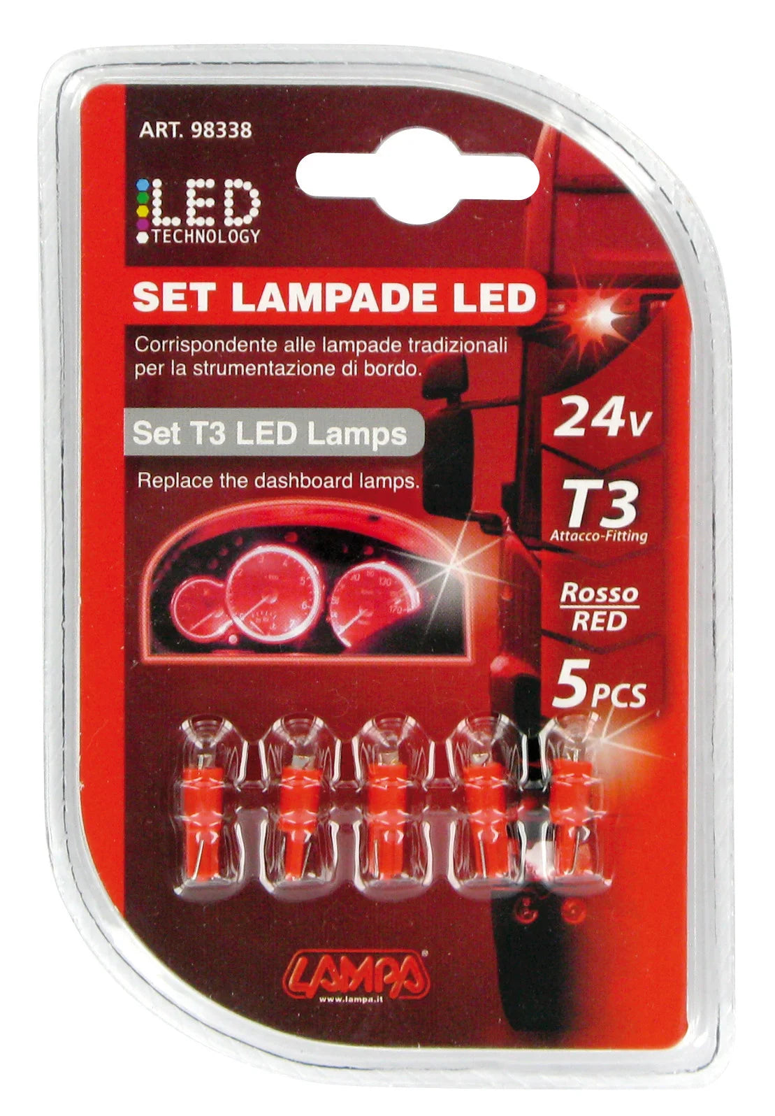 24V Kit Lampade cruscotto Led 1 Led - (T3) - W2x4,6d - 5 pz  - D/Blister - Rosso