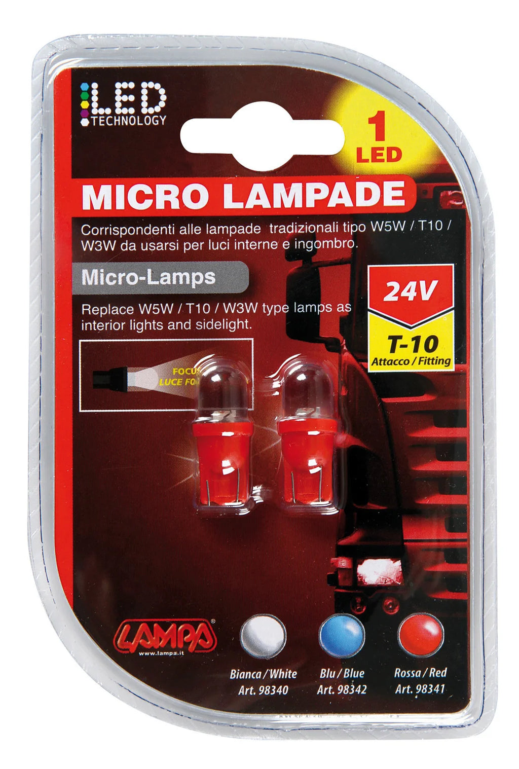 24V Micro lampada 1 Led - (T10) - W2,1x9,5d - 2 pz  - D/Blister - Rosso