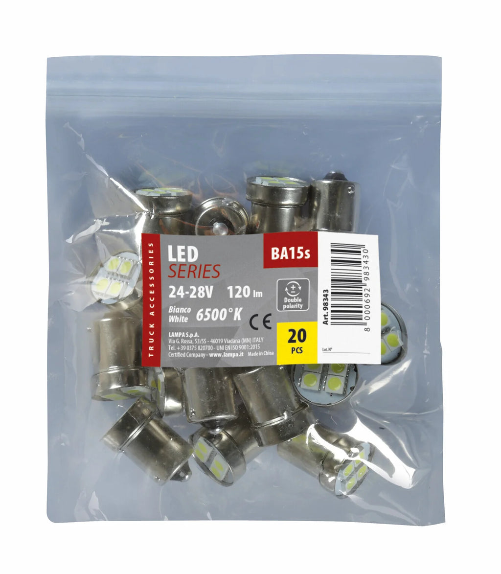 24/28V Led Series - 12 Smd x 1 chip - (R5W-R10W) - BA15s - 20 pz  - Scatola - Bianco - Doppia polarità