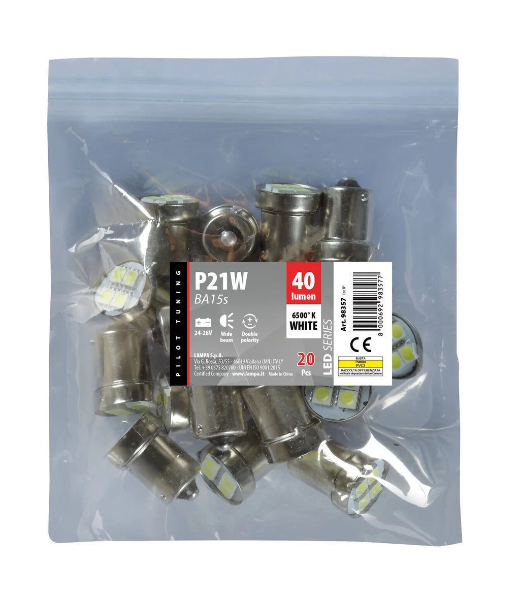 24/28V Led Series - 4 SMD x 3 chips - (P21W) - BA15s - 20 pz  - D/Blister - Bianco - Doppia polarità