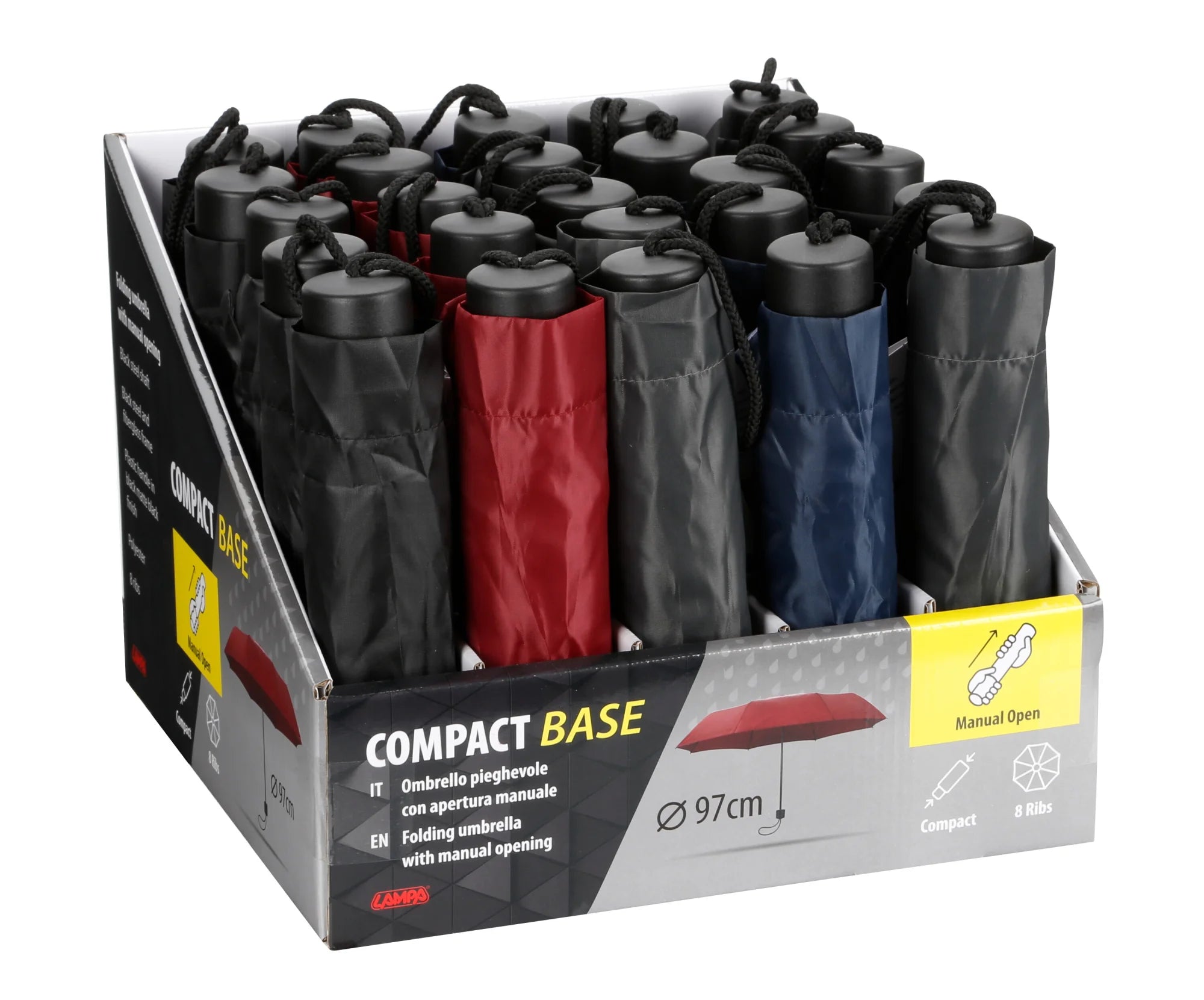 Compact Base, display 25 ombrelli pieghevoli - Ø 97 cm