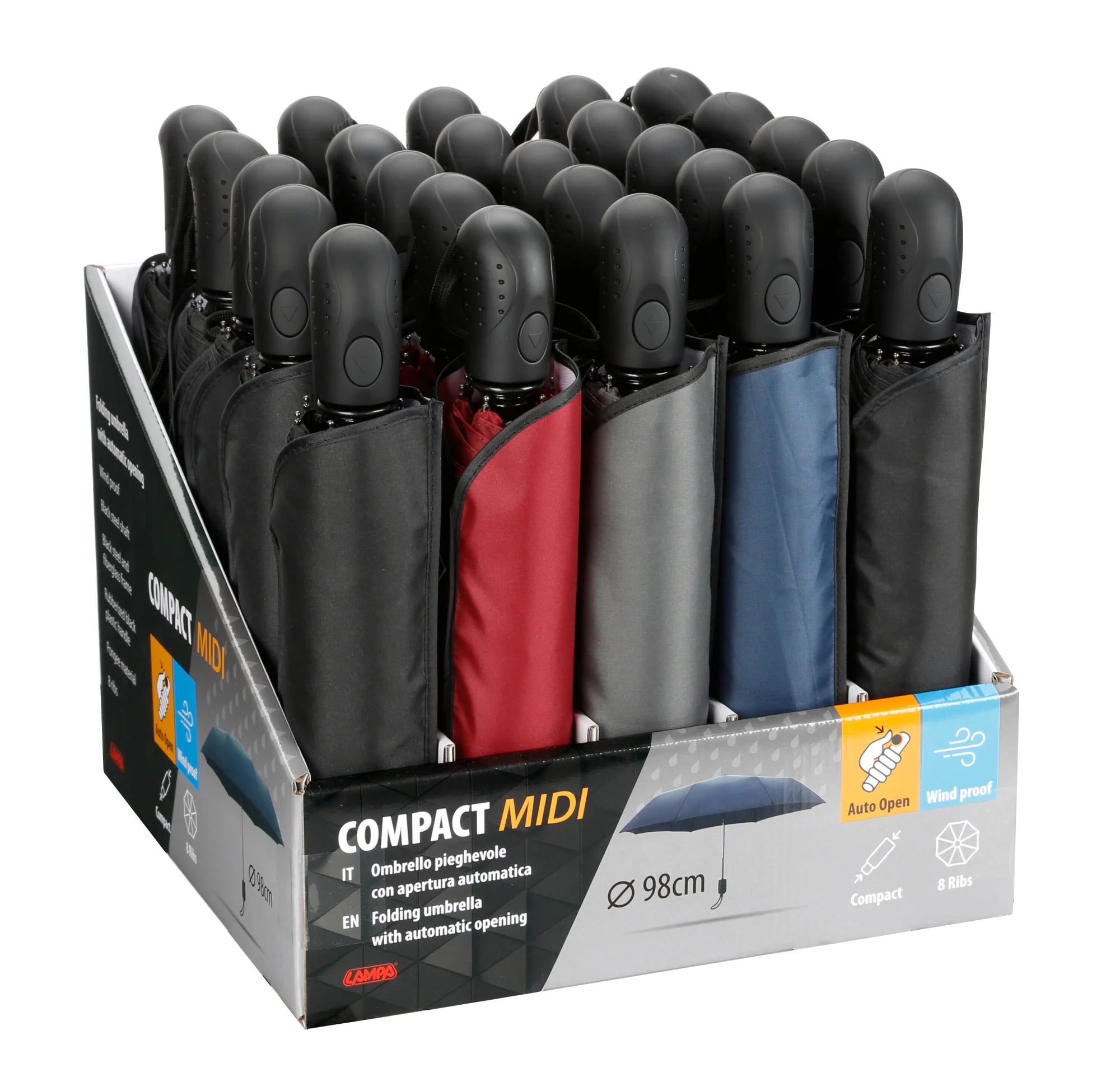 Compact Midi, display 25 ombrelli pieghevoli - Ø 98 cm