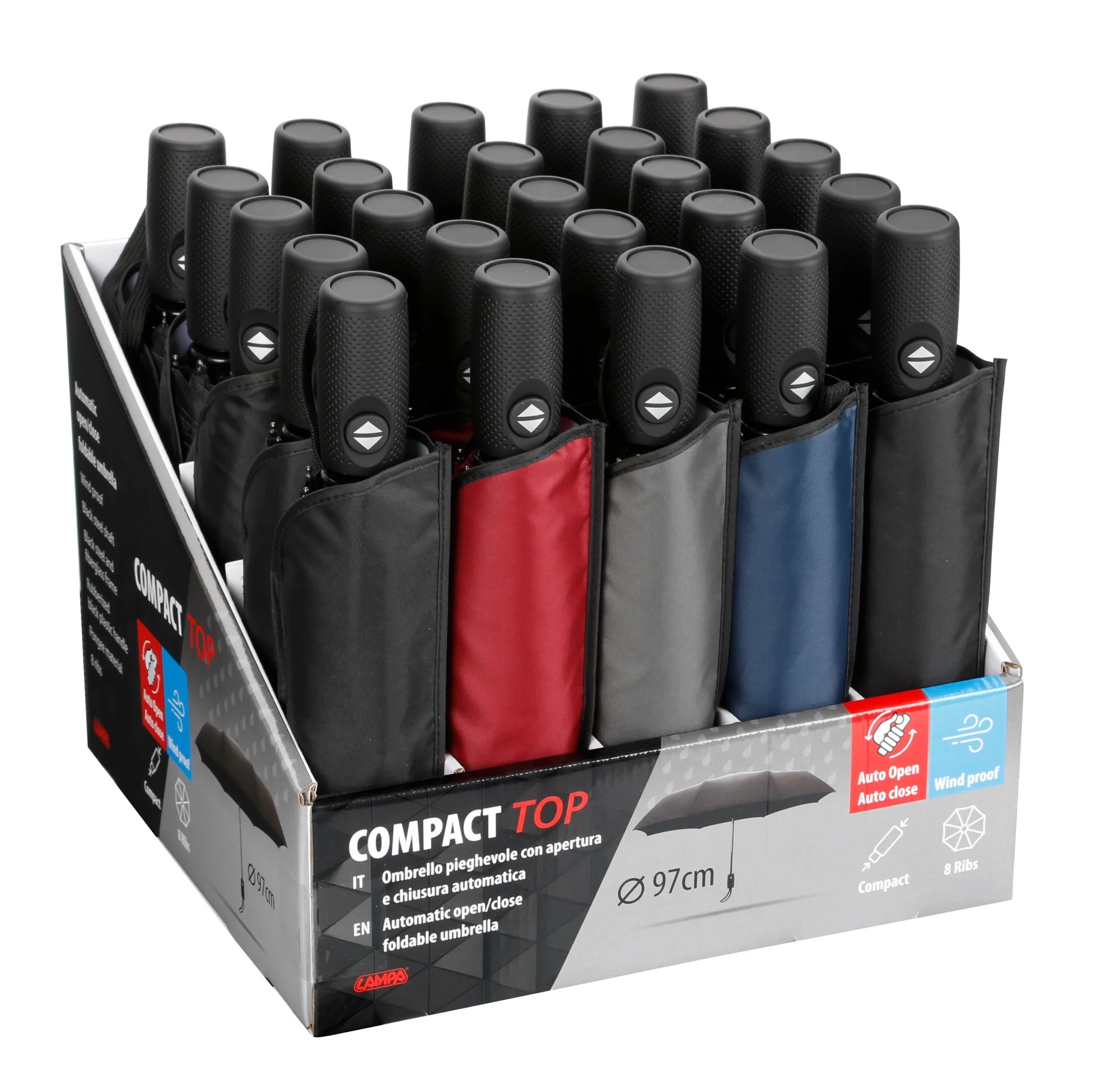 Compact Top, display 25 ombrelli pieghevoli - Ø 97 cm