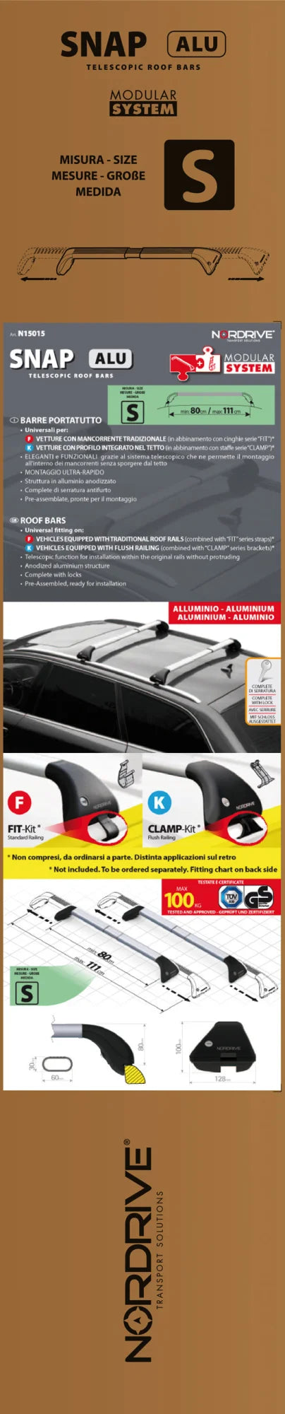 Snap Alu, coppia barre portatutto telescopiche in alluminio - S - 80÷111 cm